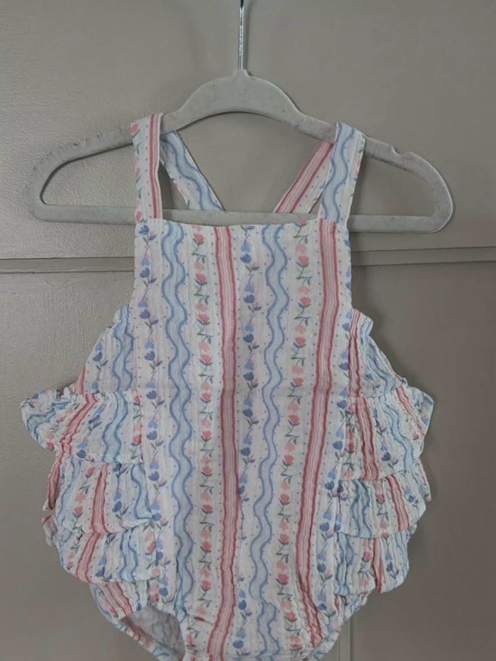 Angel Dear Pink & Blue Striped Floral Ruffle Romper